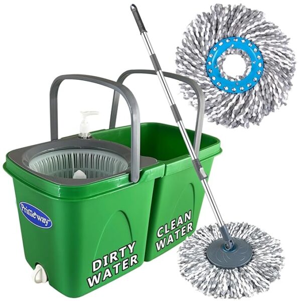 Primeway® Plastic SS Double Bucket 360 Rotating Spin Floor Cleaning Twin Mop with Clean and Dirty Water Separator with 2 Microfibre 38cm Refills, 6 LTR, Green