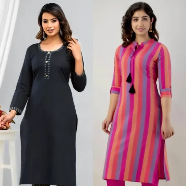Pack of 2 Women Striped, Solid Cotton Blend Straight Kurta  (Pink, Black)